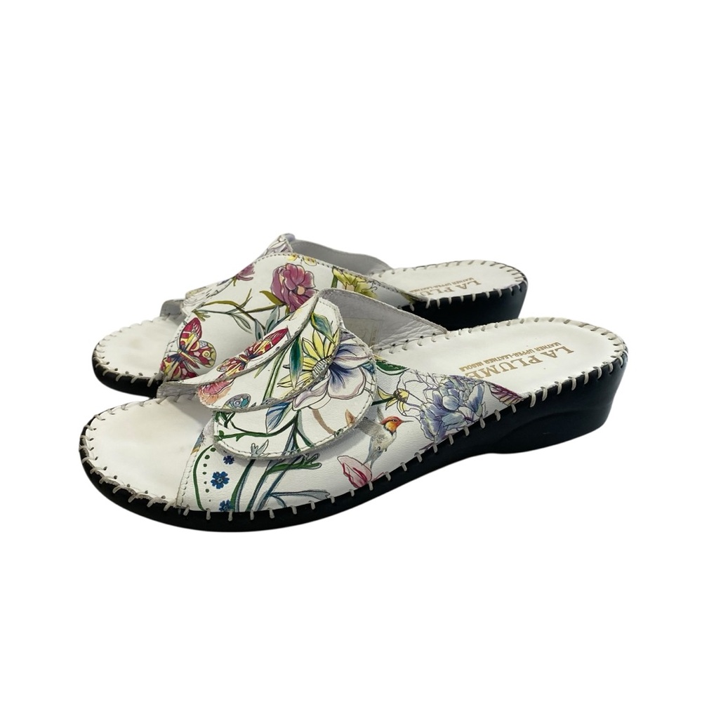 La Plume Leather‎ Sandals Wedges Floral 9.5 Butterflies Hummingbird Italy Made